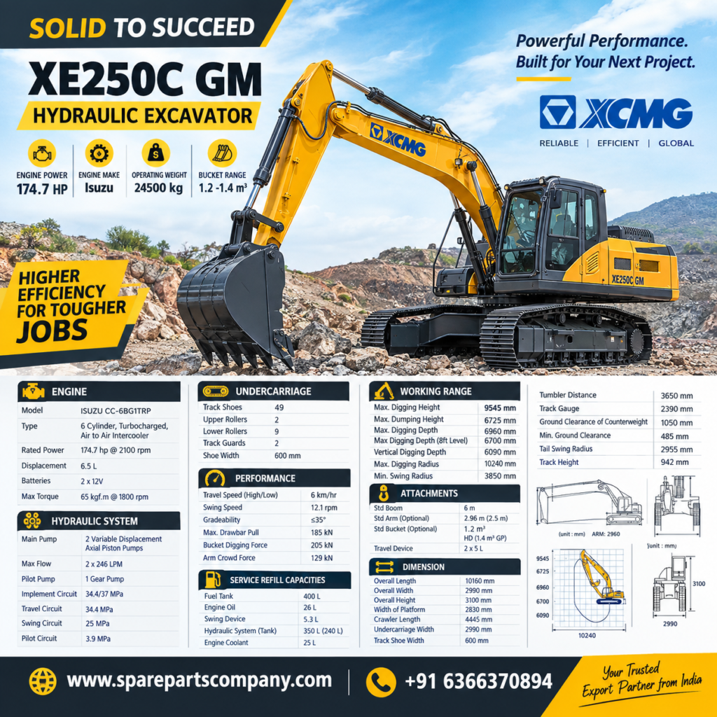 XCMG XE250C GM Hydraulic Excavator – 174.7 HP, 24.5 Ton Excavator